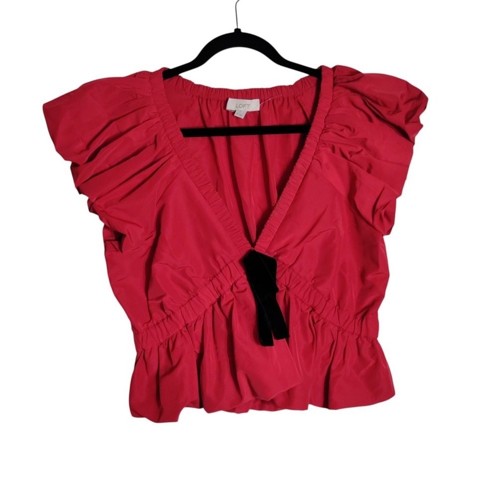 Loft‎ Red Puff Sleeve Peplum Top Black Velvet Bow V-Neck Blouse Womens Medium